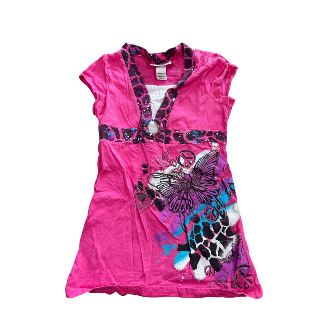 Y2K Girls Pink Butterfly Peace Sign Graphic 2000s Tunic Top Size Medium